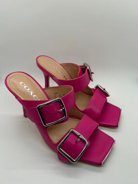 COACH Bright Pink Leather Double-Buckle Slide Stiletto Heels Shoes *Size 6.5* 🌸🌸